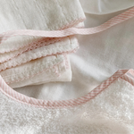 Load image into Gallery viewer, muslin blanket with crochet piping (pink piping)
